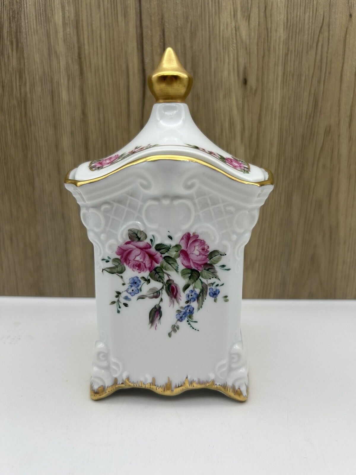 Floral Vanity Jar Dish Lid Porcelain 22K Gold Rim Hausherr  1998 Vintage