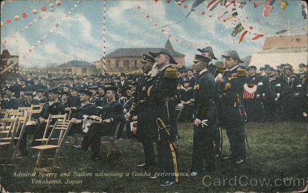 Japan 1909 Yokohama Admiral Sperry And Sailors Witnessing A Geisha Performance