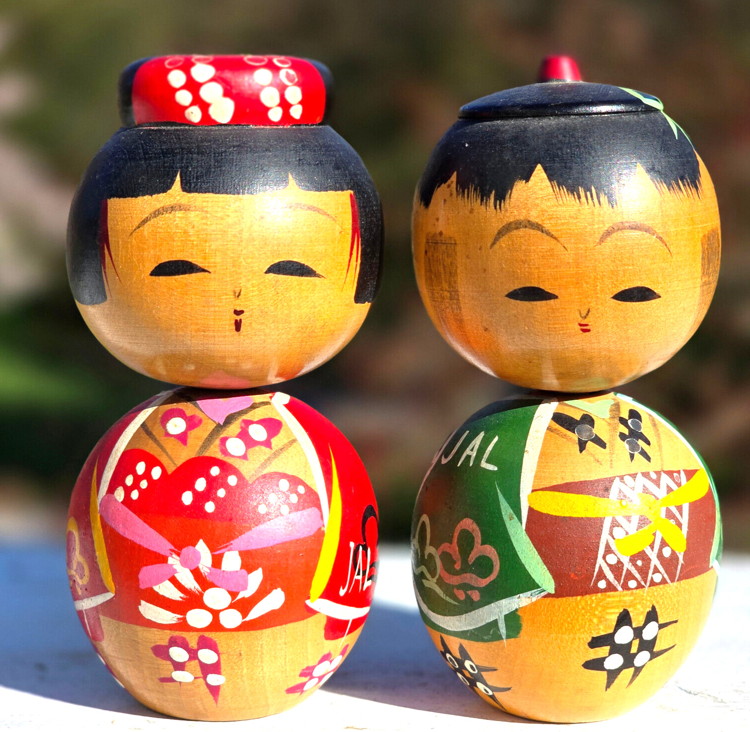 VTG Japanese Bobble Heads KOKESHI Wood Dolls Toys Hand Painted Kimono Craft