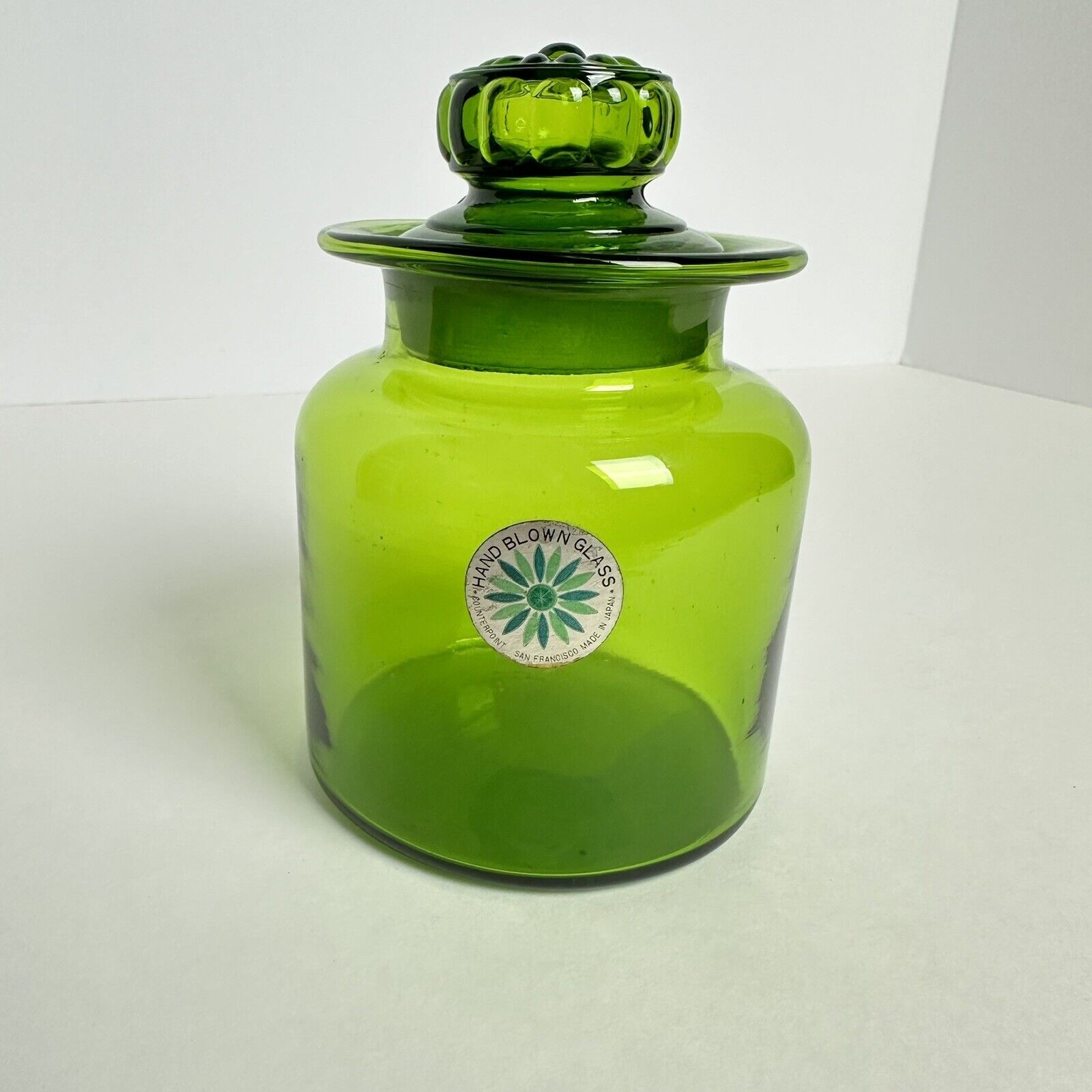 Vintage MCM Takahashi Counterpoint Green Glass Apothecary Jar w/Daisy Lid 5.5”