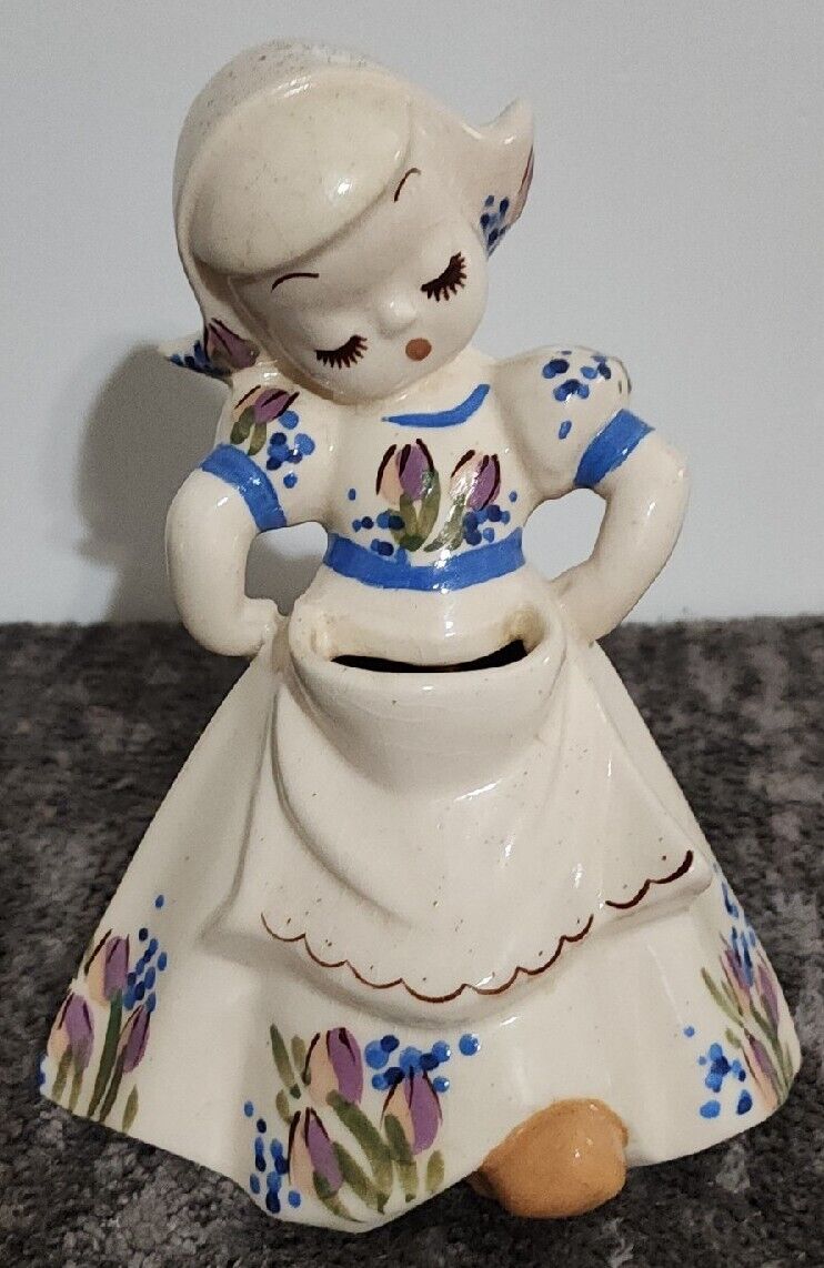 2 Vintage DeLee Art  California Pottery Dancing Dutch Girl Planter Figurine 7”