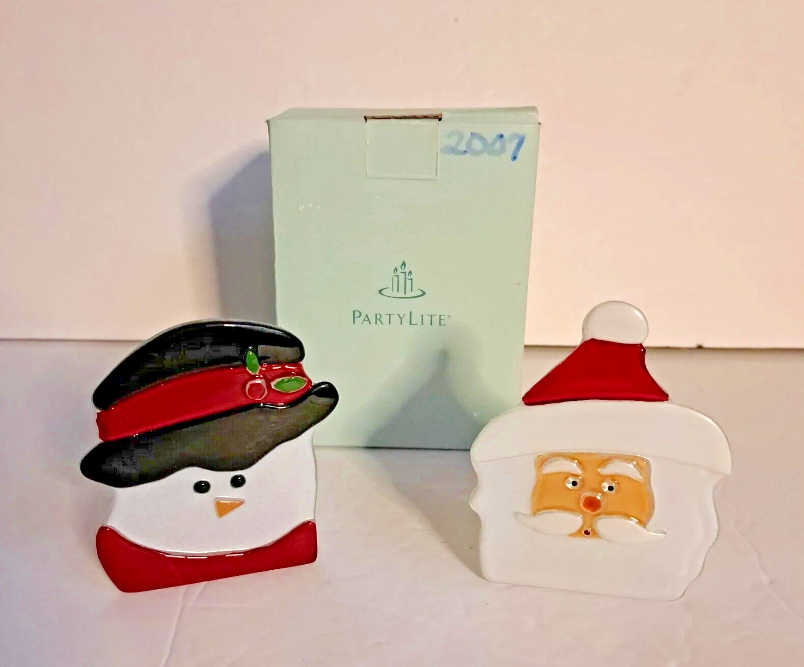 PartyLite Santa & Snowman Glass Tealite Holders Christmas Decor Boxed  Retired