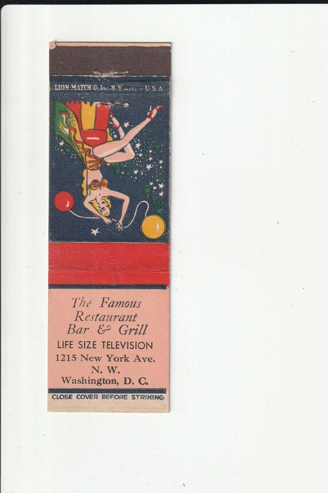 THE FAMOUS RESTAURANT BAR & GRILL 1215 NY AVE WASH. D.C. VINTAGE MATCHBOOK COVER