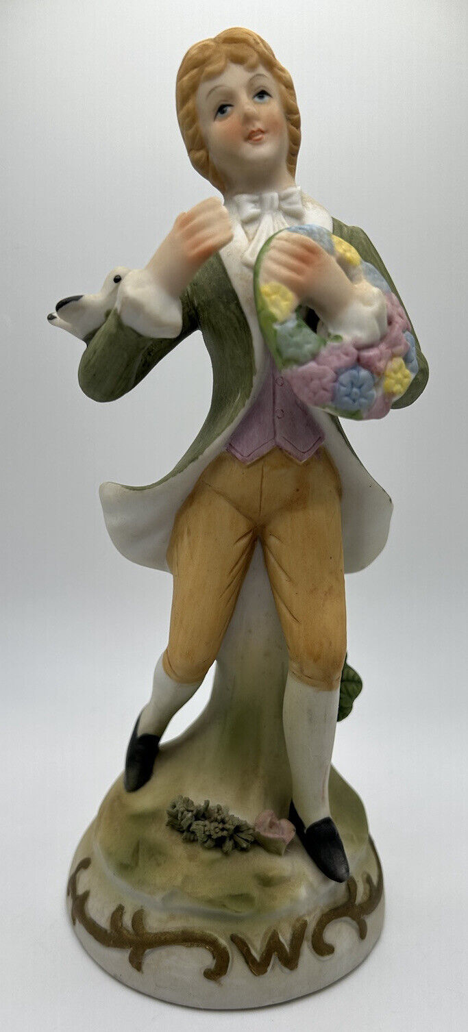Vintage FBIA Bisque Porcelain Victorian Man with Flowers Bird Green Hand Painted