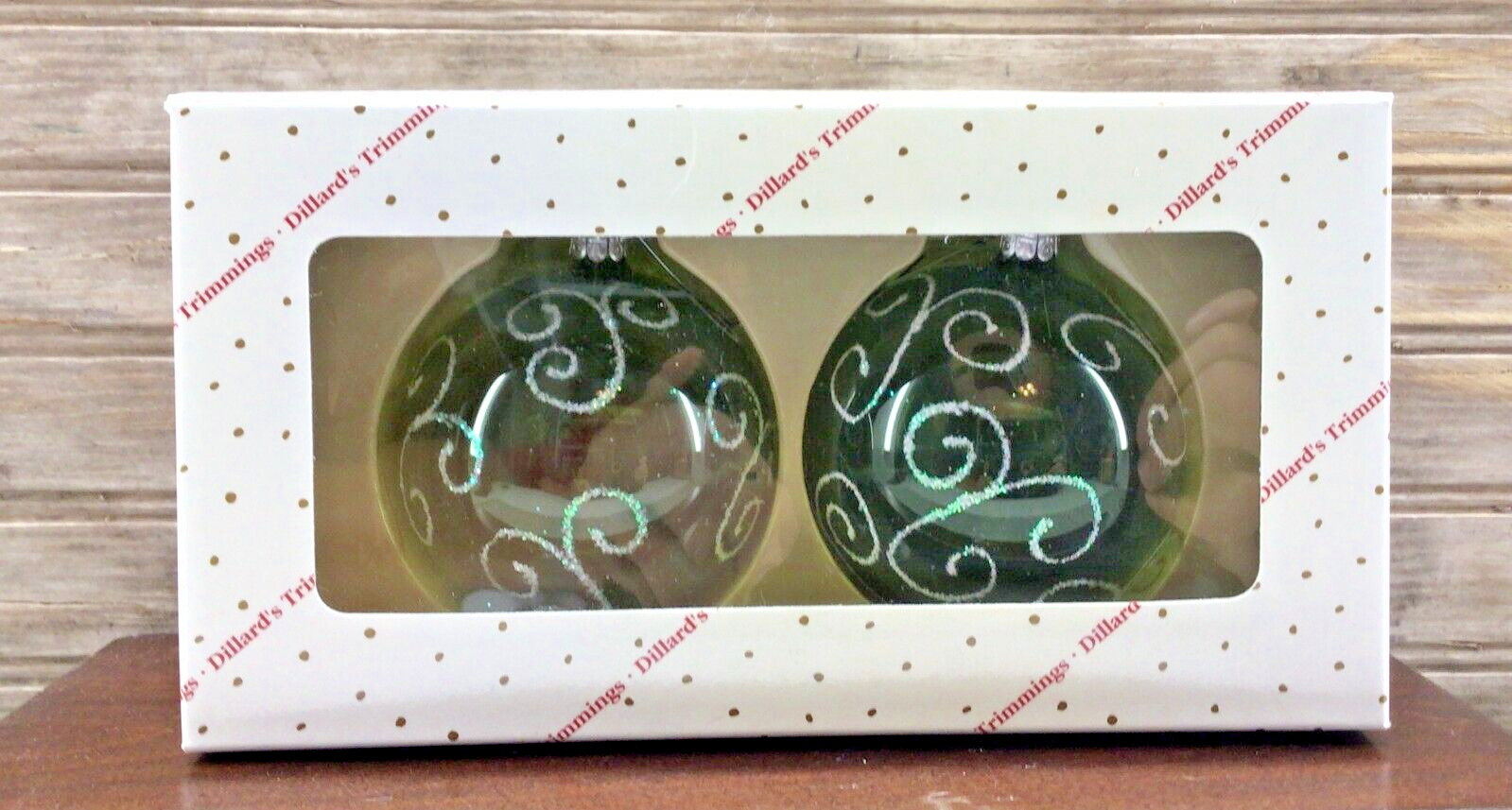 Vintage Dillard's Trimmings Set of 2 Green Glass Glitter Ball Ornaments Boxed#2