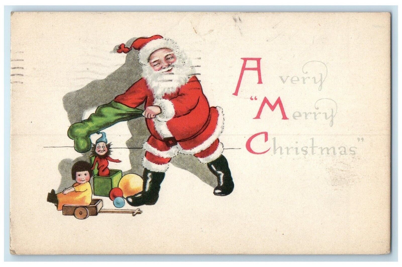 1917 Merry Christmas Santa Claus Putting Toys In Stocking Gibson Posted Postcard