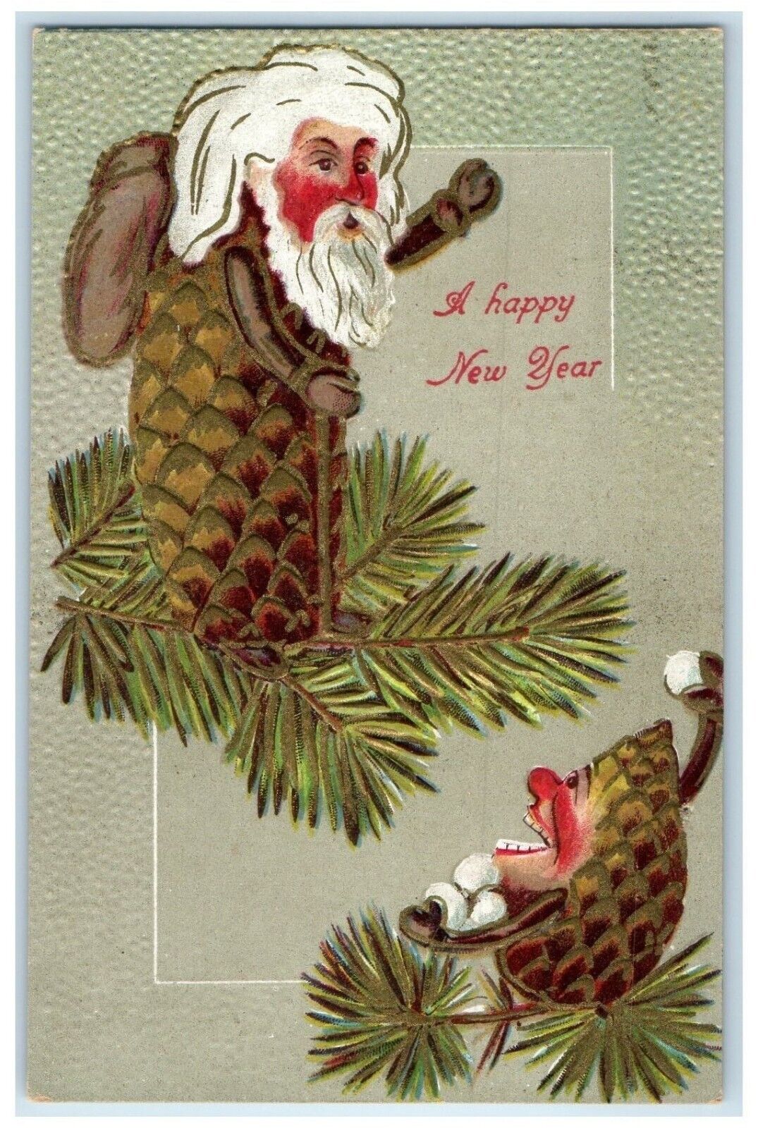 c1910\'s New Year Old Man Pine Cone Snowball Fighting Embossed Antique Postcard