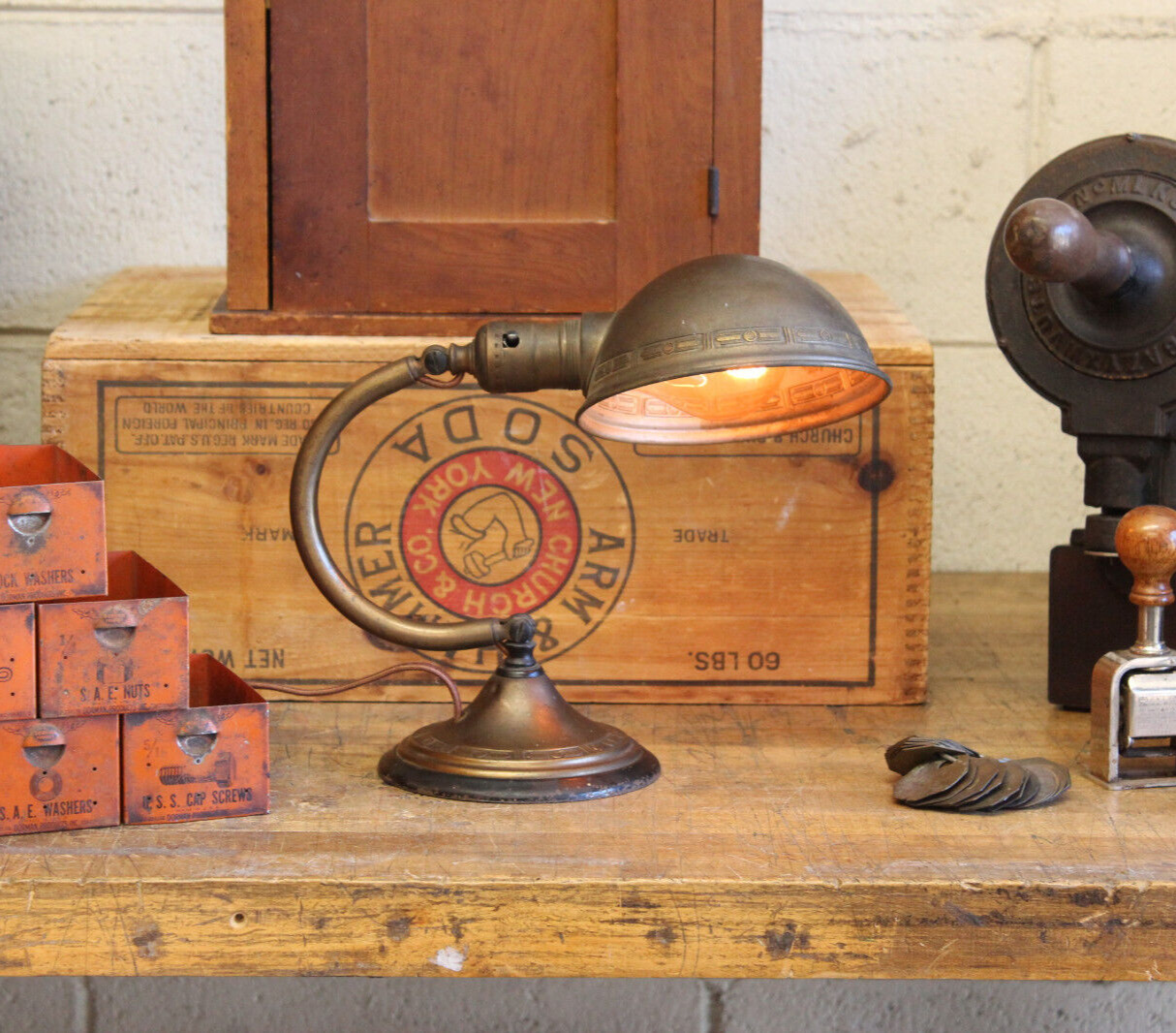Vtg Antique Faries Era Industrial Brass Desk Lamp Light Factory Greist 1920s
