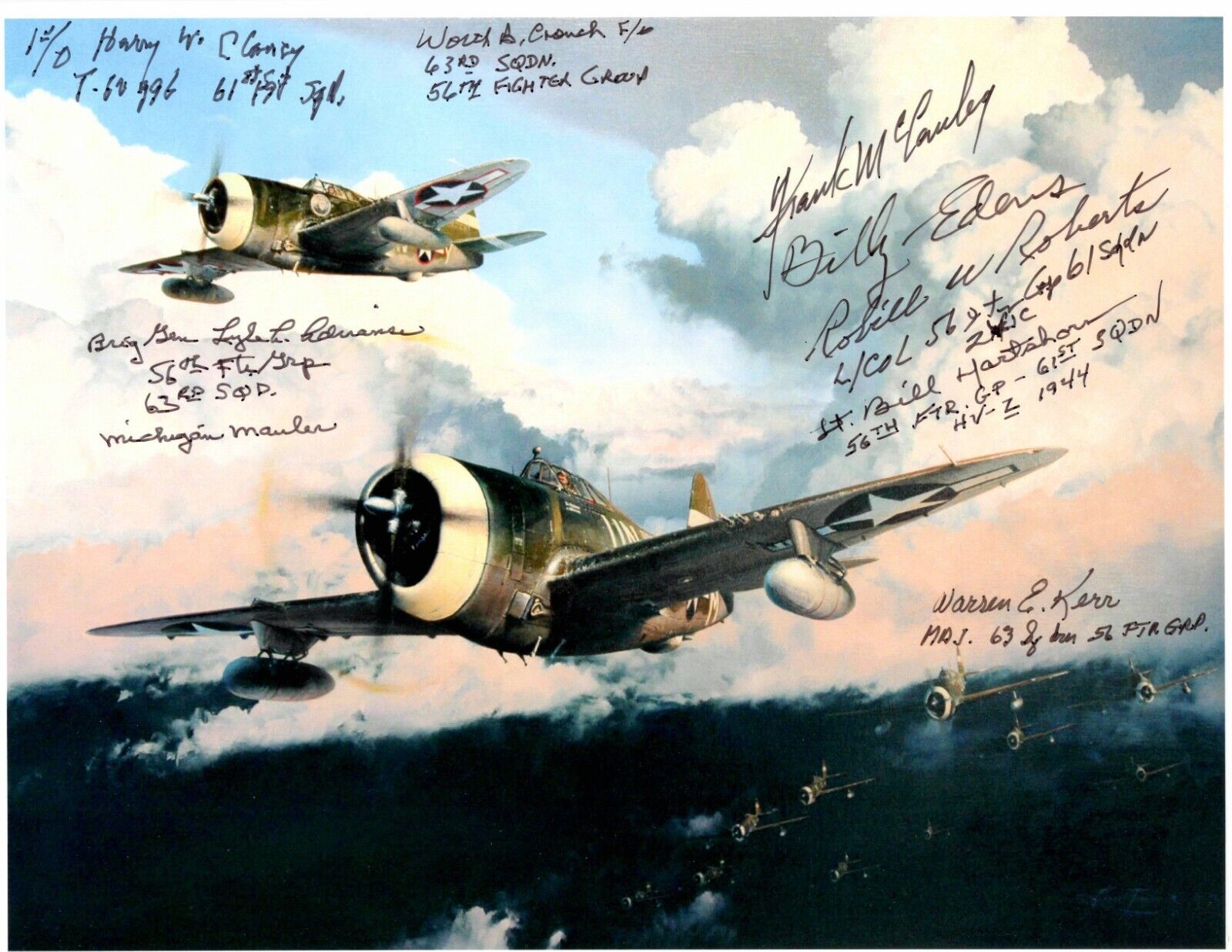 56TH FG WWII ACE SIGNED BY 8 8X10 PHOTO ACES ZEMKE\'S WOLFPACK SUPER RARE