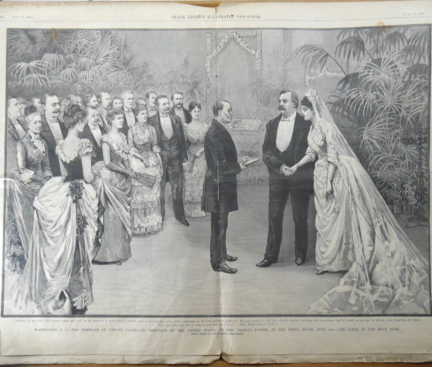 1886 Frank Leslies Illustrated Newspaper Grover Cleveland Marriage Engraving
