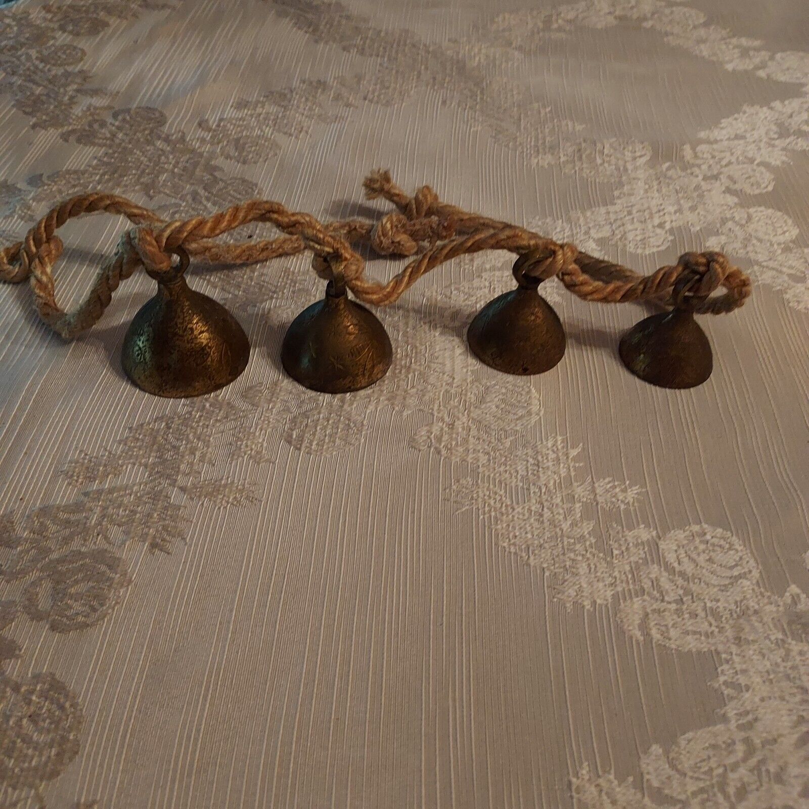 Vintage Graduated Lightly Etched Brass Bells on Rope Rustic Farmhouse Decor