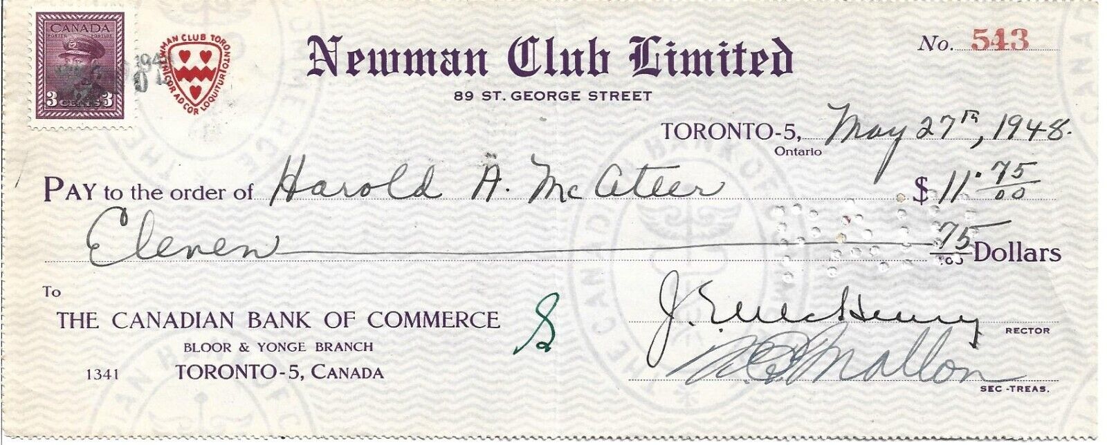 1940s Canada Bank Check Newman Club Limited Toronto-5 Ontario 3c Fee Paid Stamp