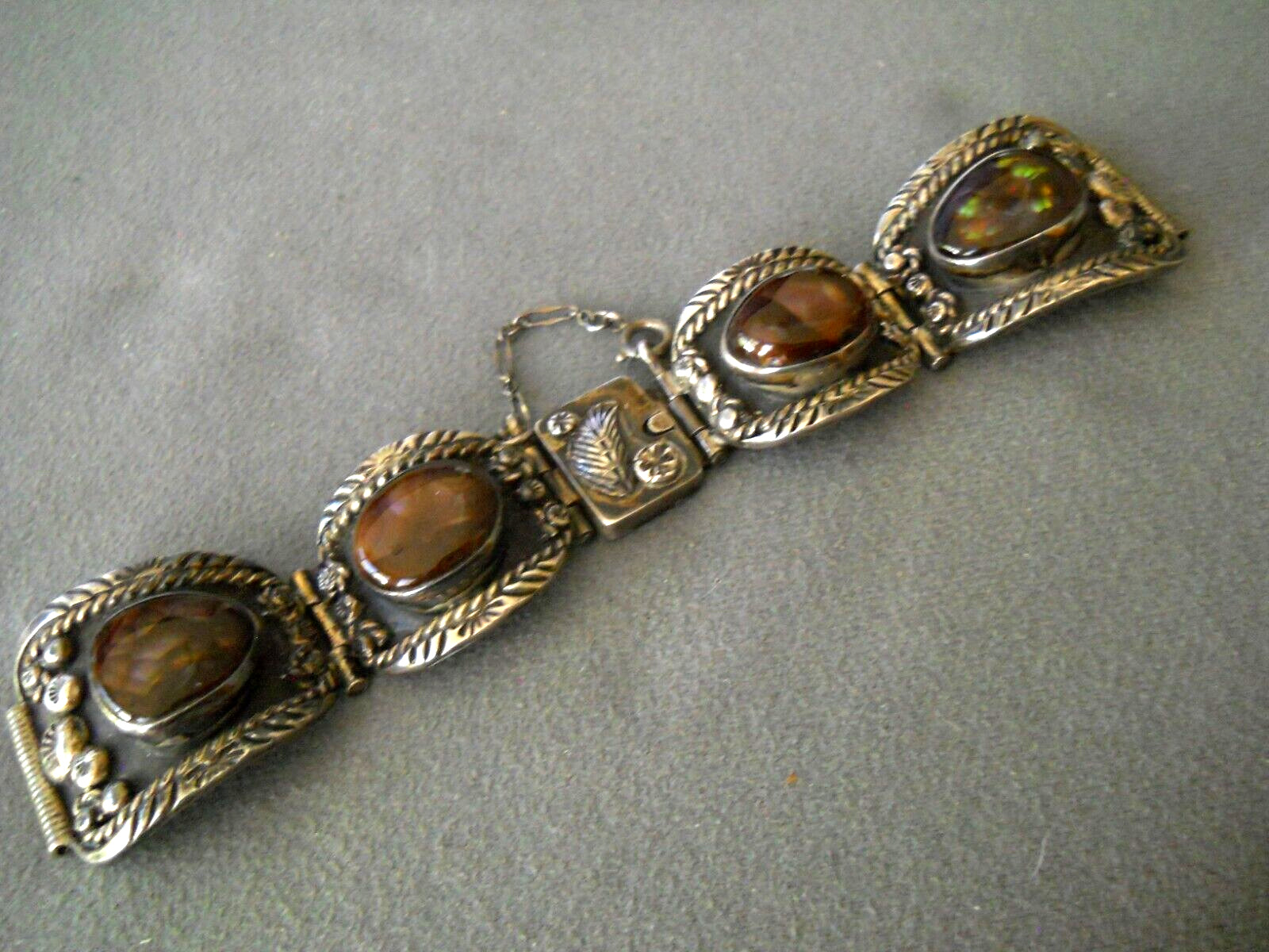 Native American Navajo Fire Agate Sterling Silver Panel Watch Bracelet Signed
