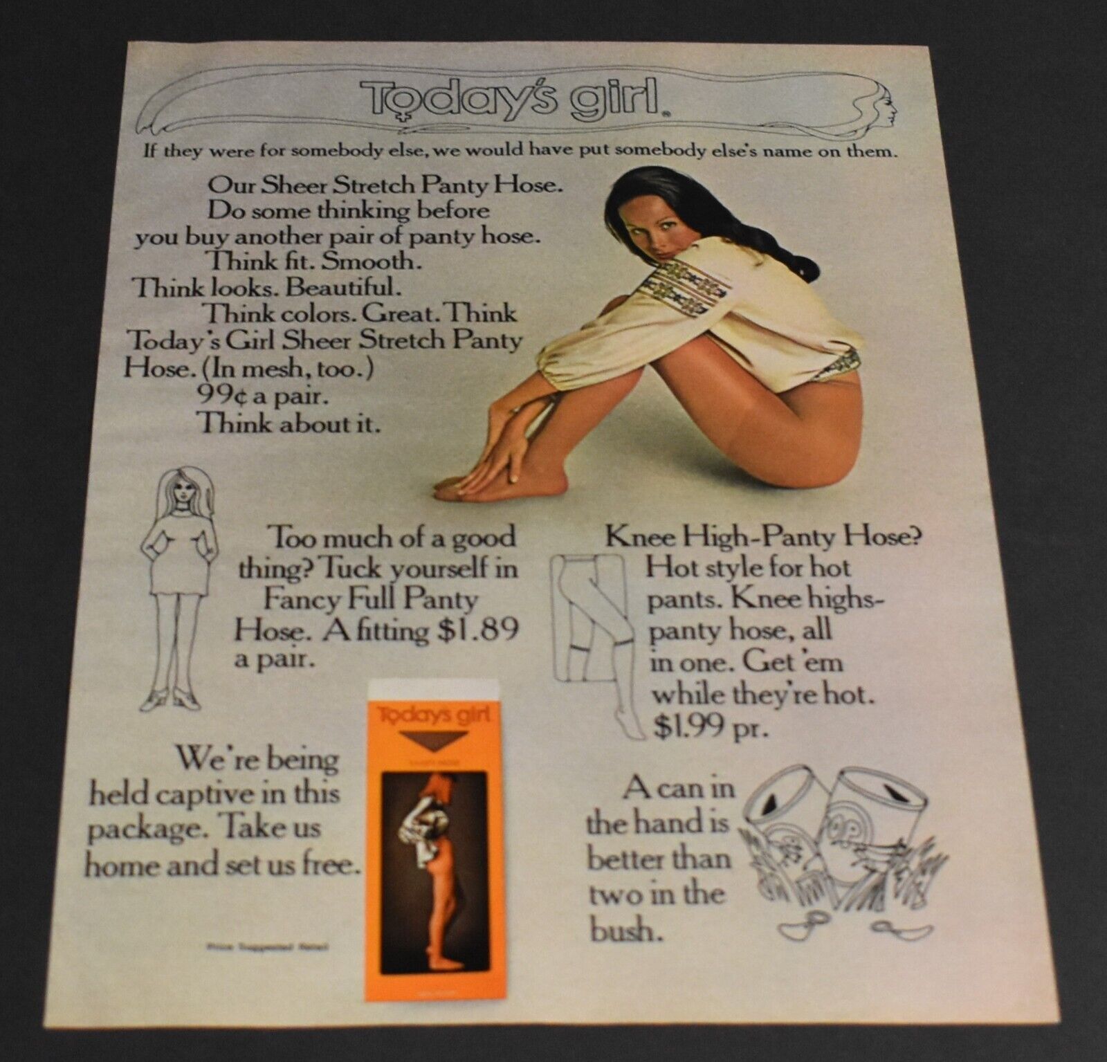 1971 Print Ad Sexy Fashion Long Legs Lady Brunette Today\'s Girl Pantyhose Beauty