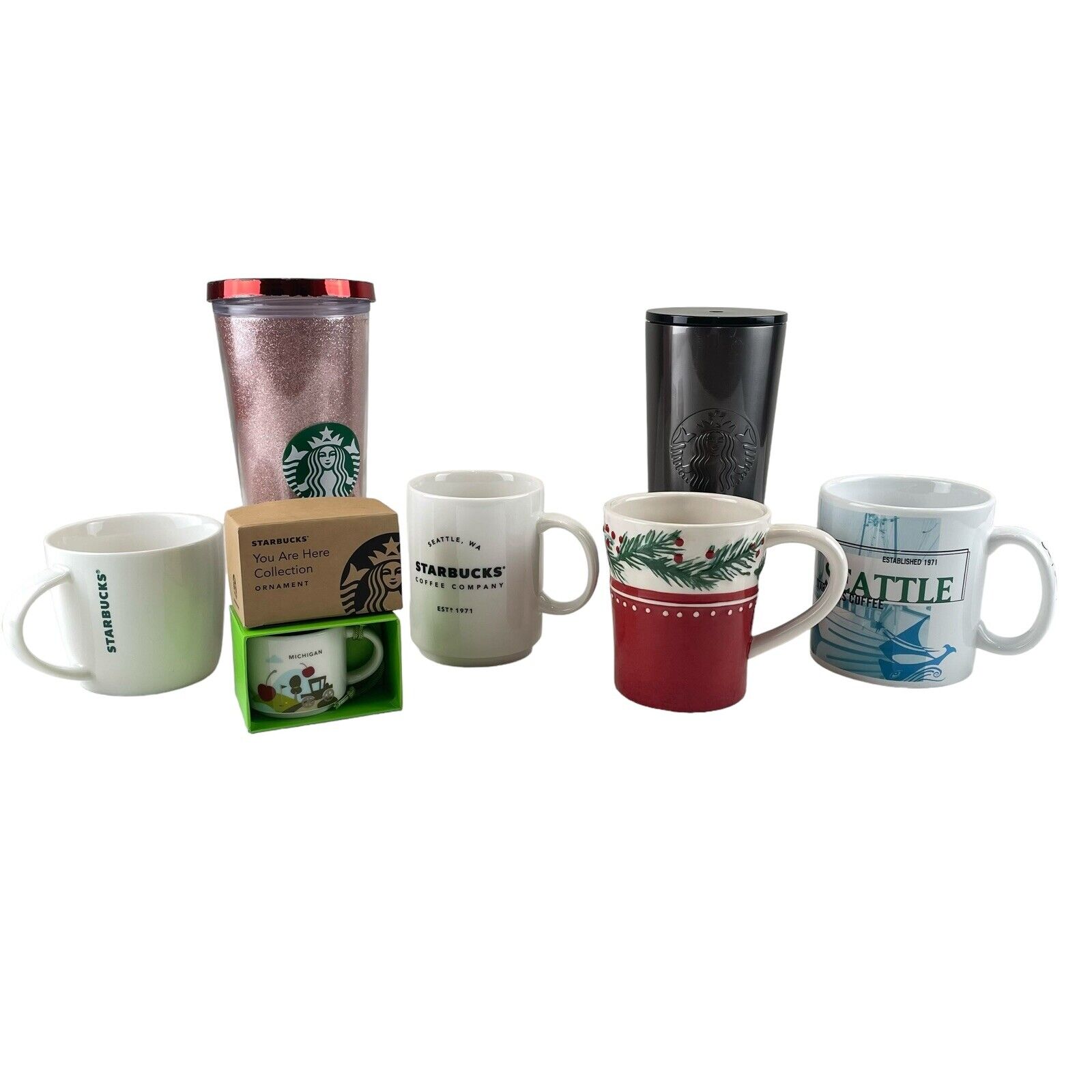 Starbucks Lot of 7 Coffee Mugs Tumblers w/lids Christmas City Mixed Lot
