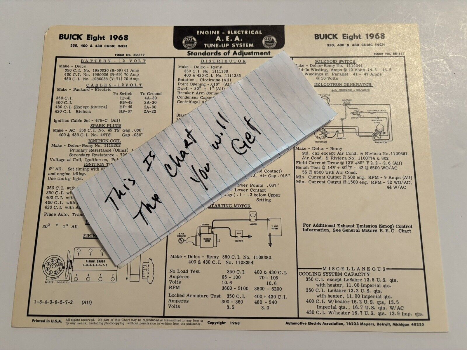 AEA Tune-Up Chart System 1968 Buick V-8 350  400 & 430  Engines