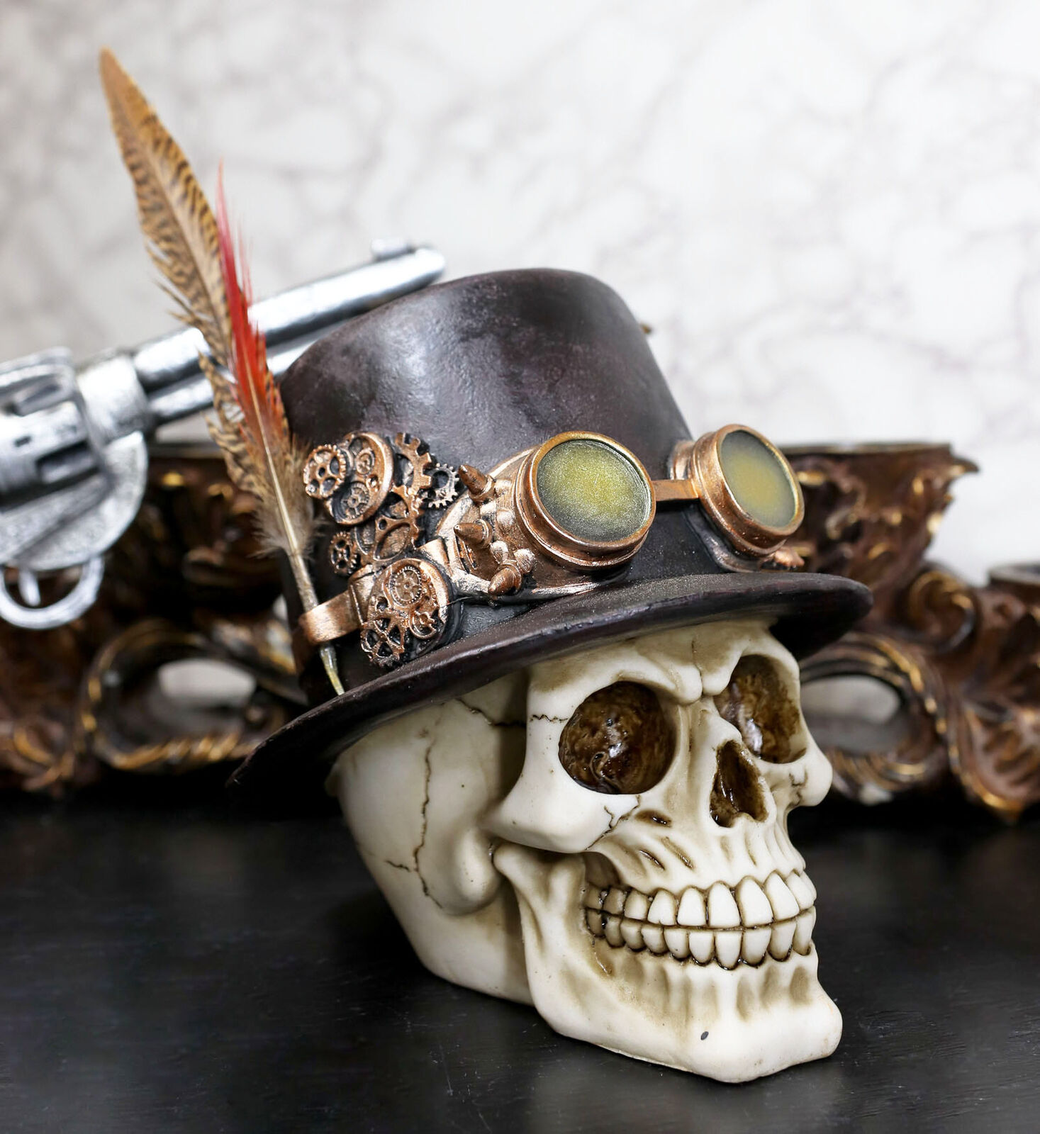 Ebros Steampunk Aristocrat W/ Royal Feather & Aviator Goggles Skull Figurine