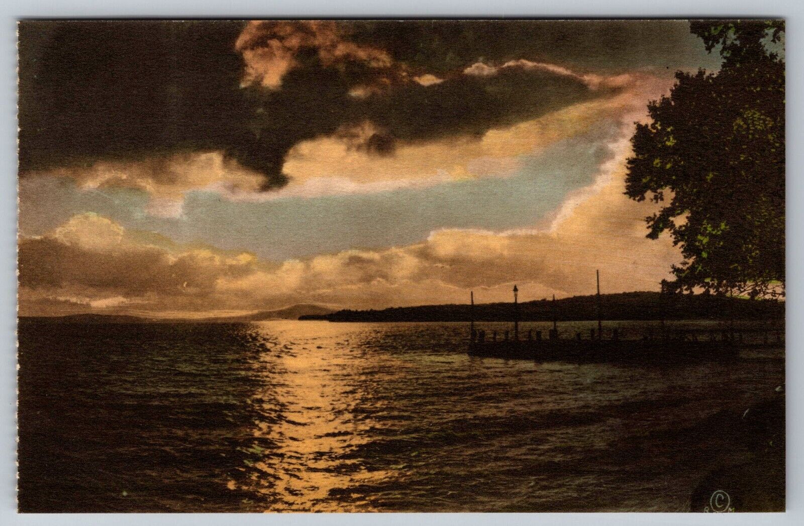 Moonlight on Rangeley Lake. Hand Colored Rangeley Maine Postcard