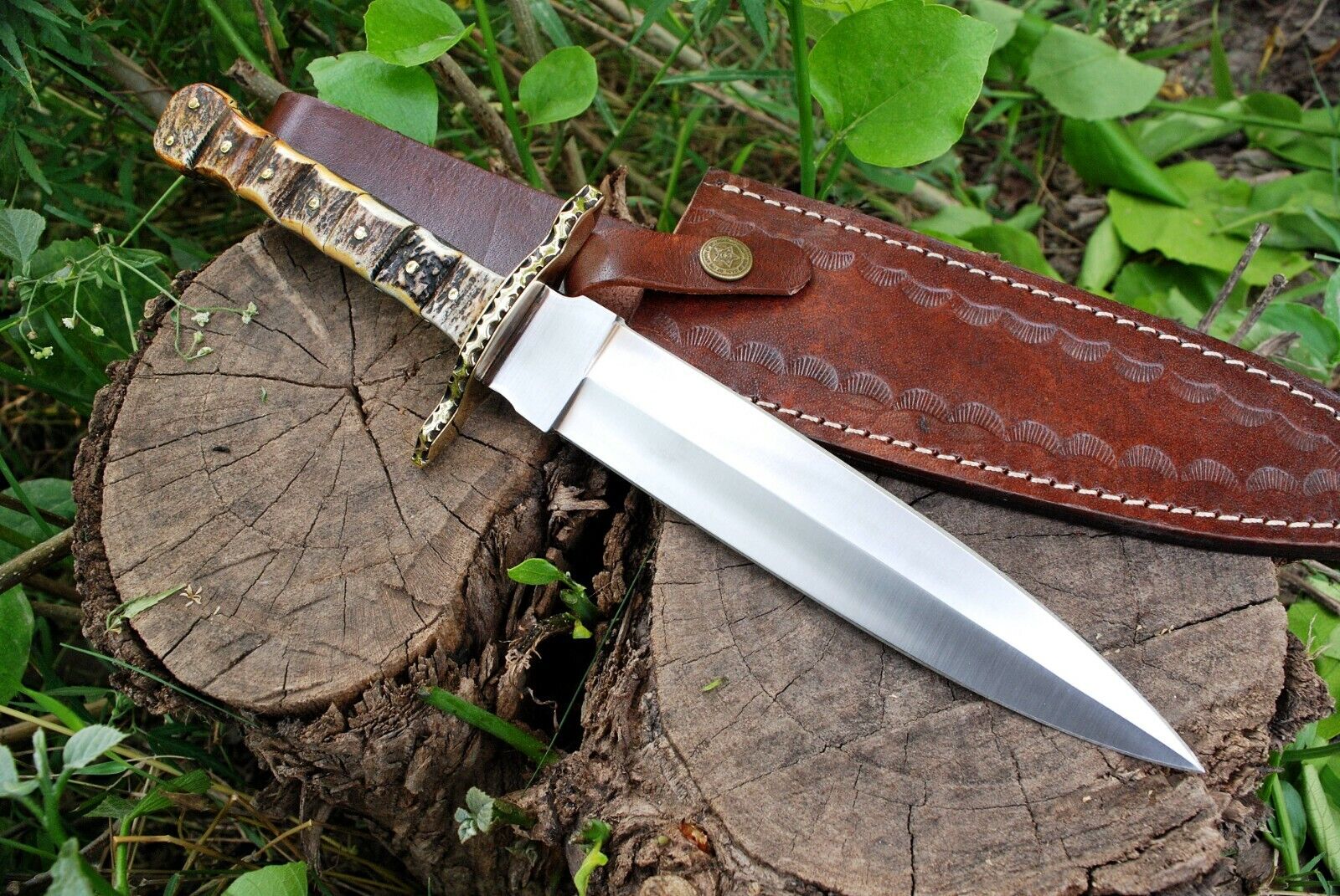 RARE HANDMADE HUNTING DOUBLE EDGE  BOOT DAGGER TACTICAL KNIFE STAG ANTLER 