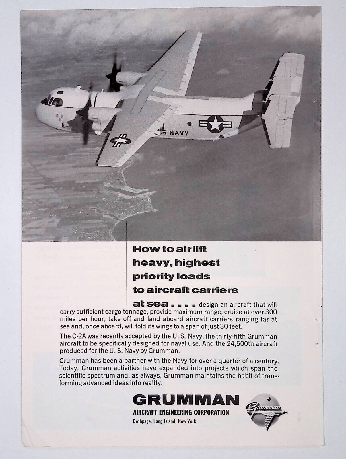 Grumman Aircraft C-2A Advertising Print Ad National Geographic Magazine 1965