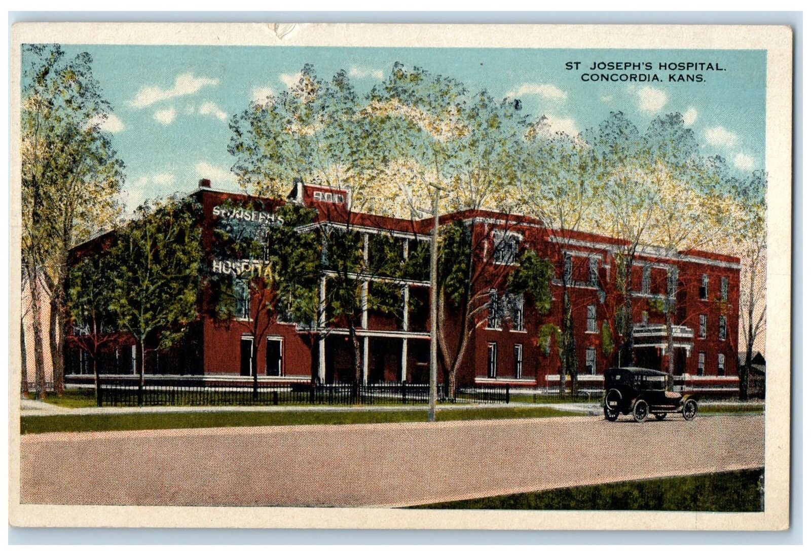 c1920's St. Joseph Hospital Building Classic Car Concordia Kansas KS Postcard
