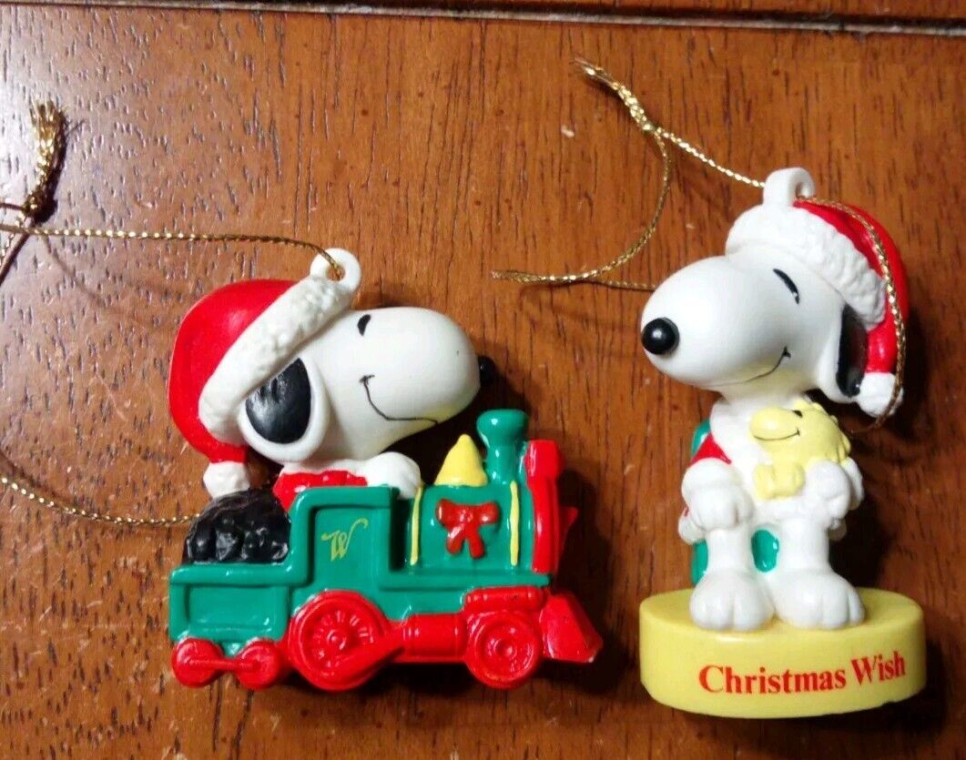 Lot of 2 Vintage Peanuts Snoopy Christmas PVC Figure Ornaments Woodstock Train