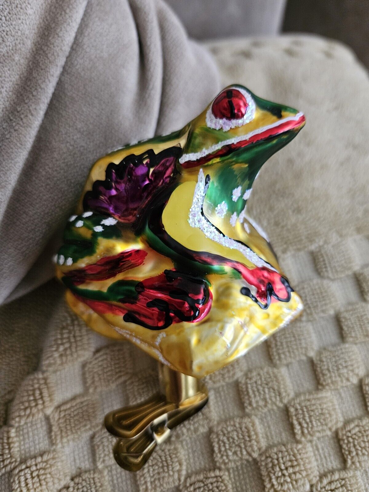  FROG Clip-On Glass Christmas Ornament Radko? Red Eyes Multi Color 4\