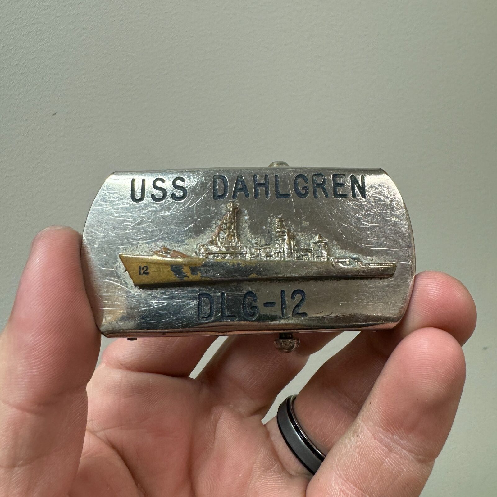 VTG USS DAHLGREN DLG 12 Silvertone Belt Buckle US NAVY Naval Ship Farragut