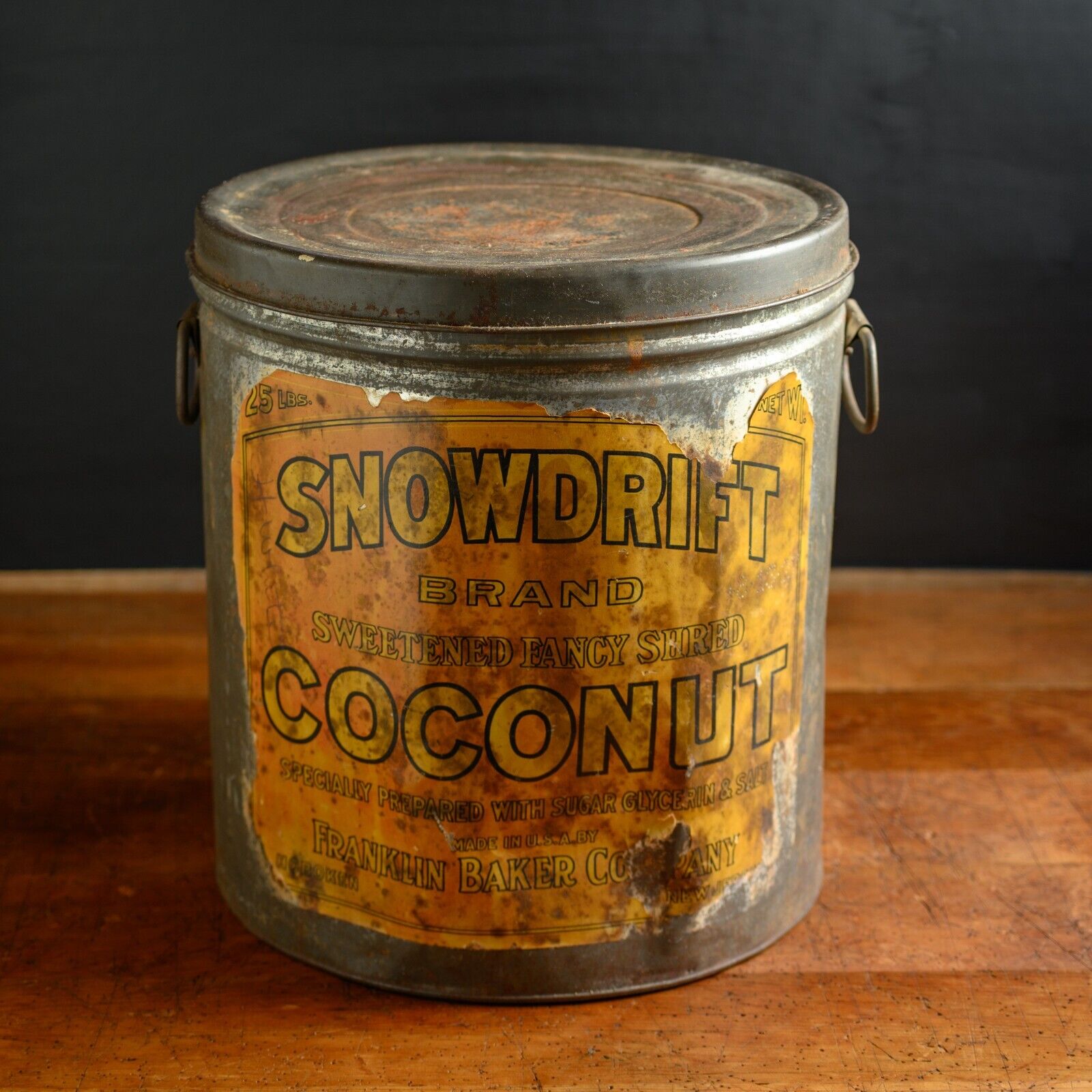Snowdrift Coconut 25lb Can Steel Tin Metal Handles Antique Franklin Baker Co USA