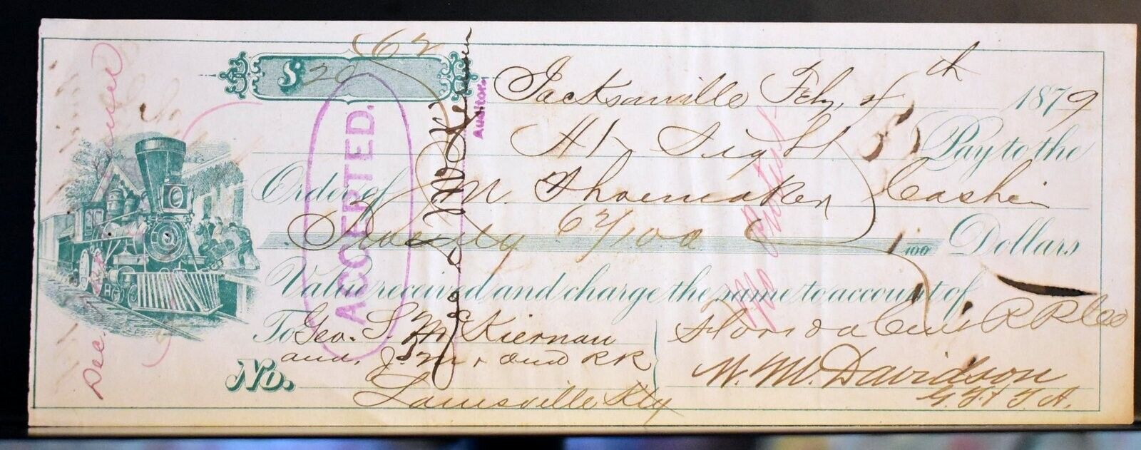 Florida Central RR Jacksonville FL 1879 Antique Bank Check