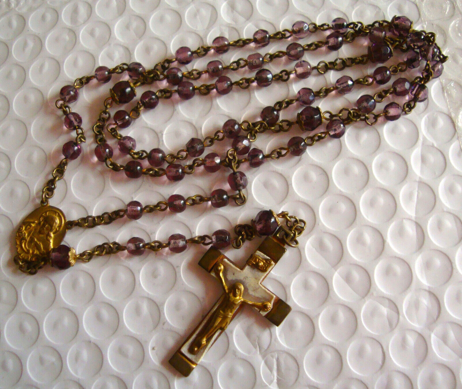 Vintage Amethyst & Brass Catholic Rosary EUC Purple Beads