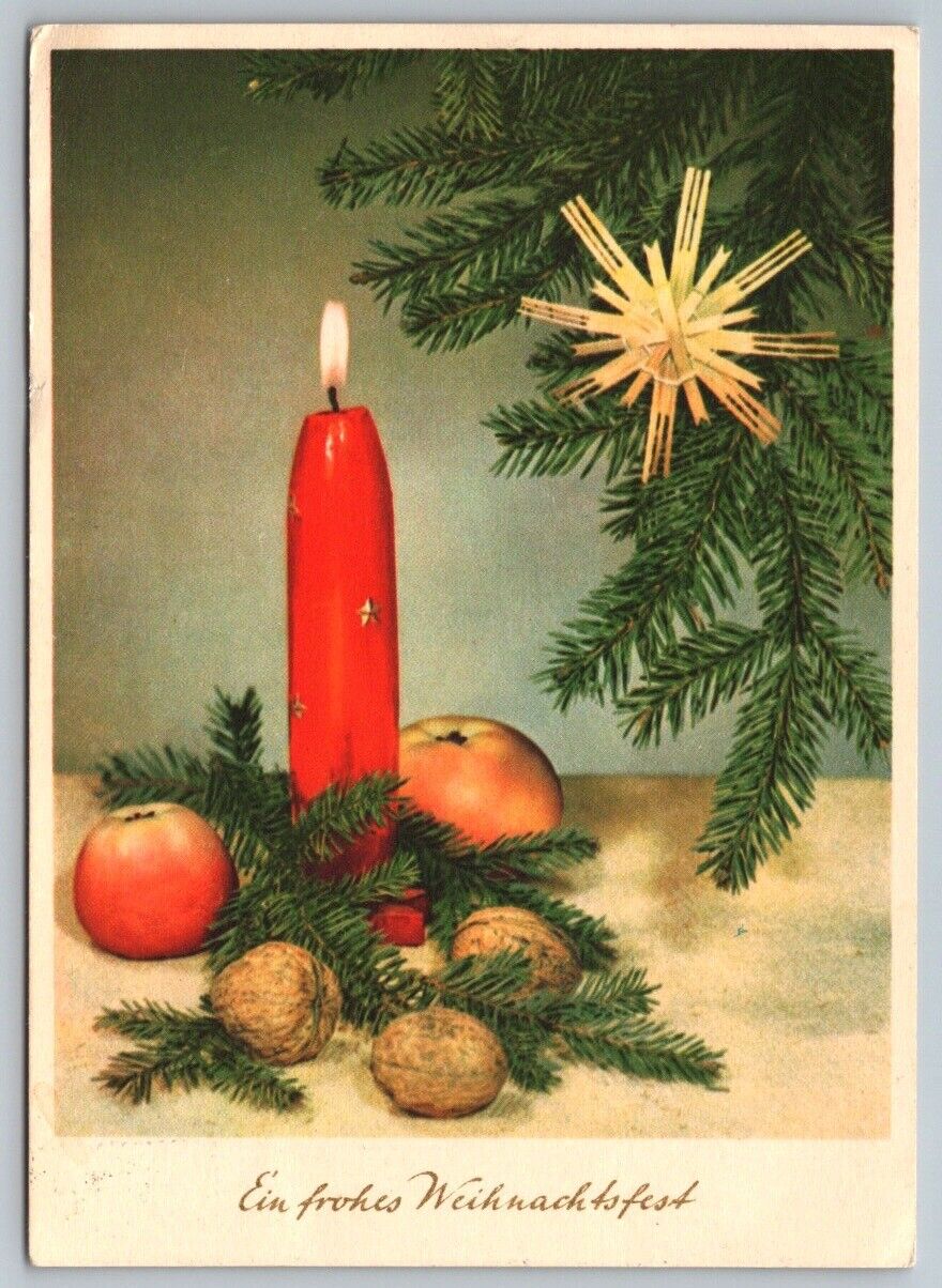 Postcard German Merry Christmas Walnuts Candle Fruit