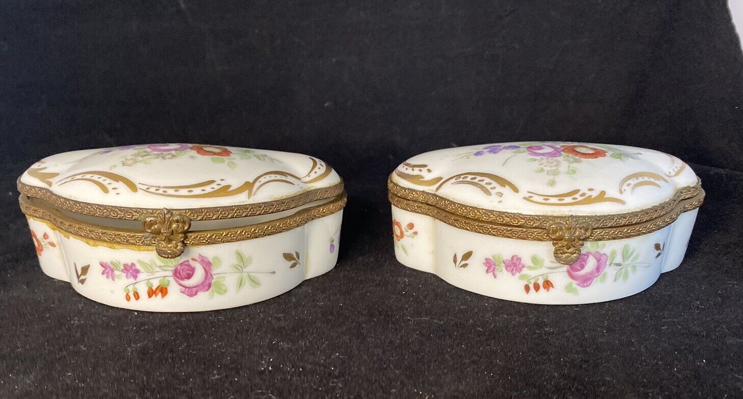 PAIR RARE MATCHING  ANTIQUE FRENCH SIGNED FLORALS TRIANGLE  LIMOGES TRINKET BOX