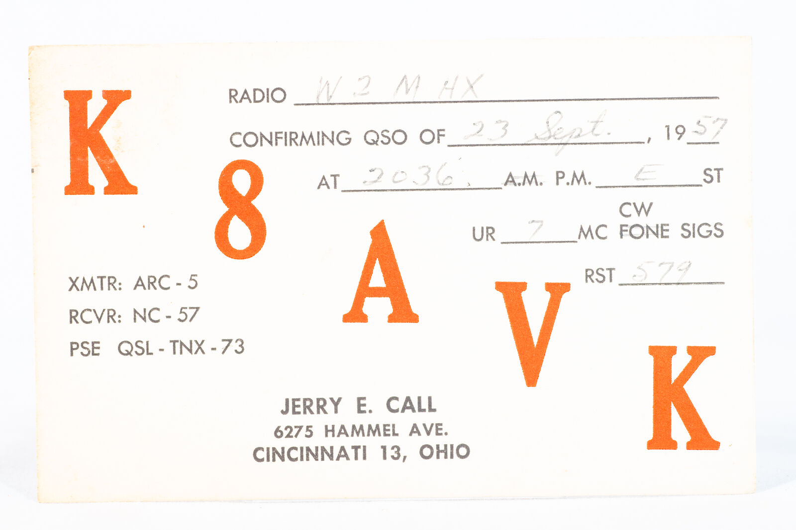 1957 Amateur Ham Radio QSL Card Cincinnati Ohio K8AVK Jerry Call