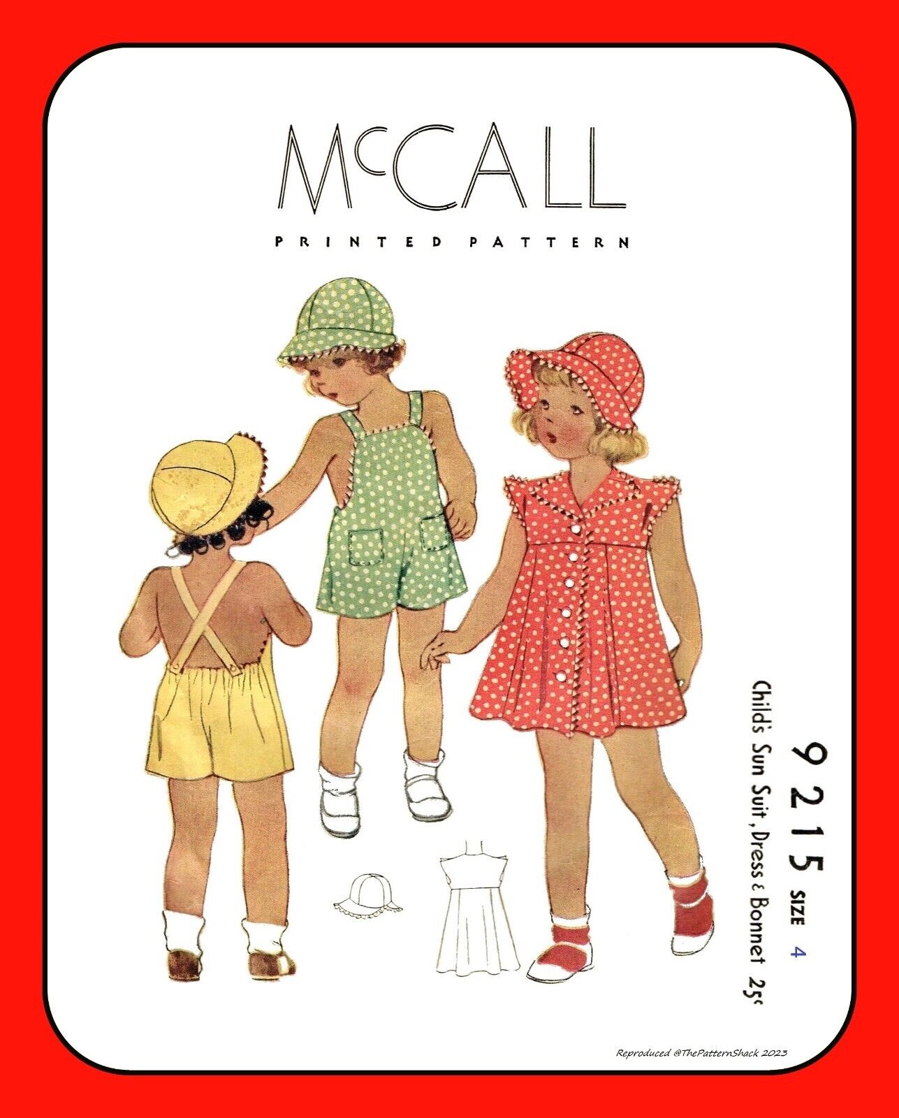 Childs SUN SUIT, Dress, BONNET Hat Girls McCall 9215 Vintage 1937 Sewing Pattern