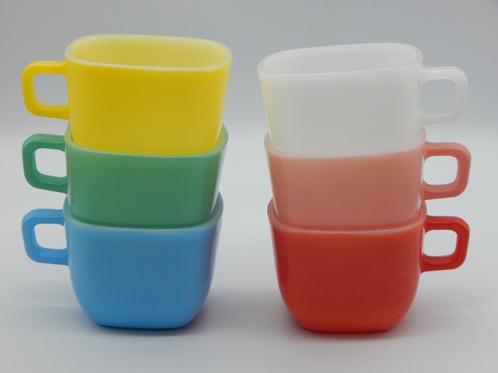 VTG Glasbake Mugs Square Lipton Milk Glass 1950\'s Set Of 6 PRIMARY Colors TF729