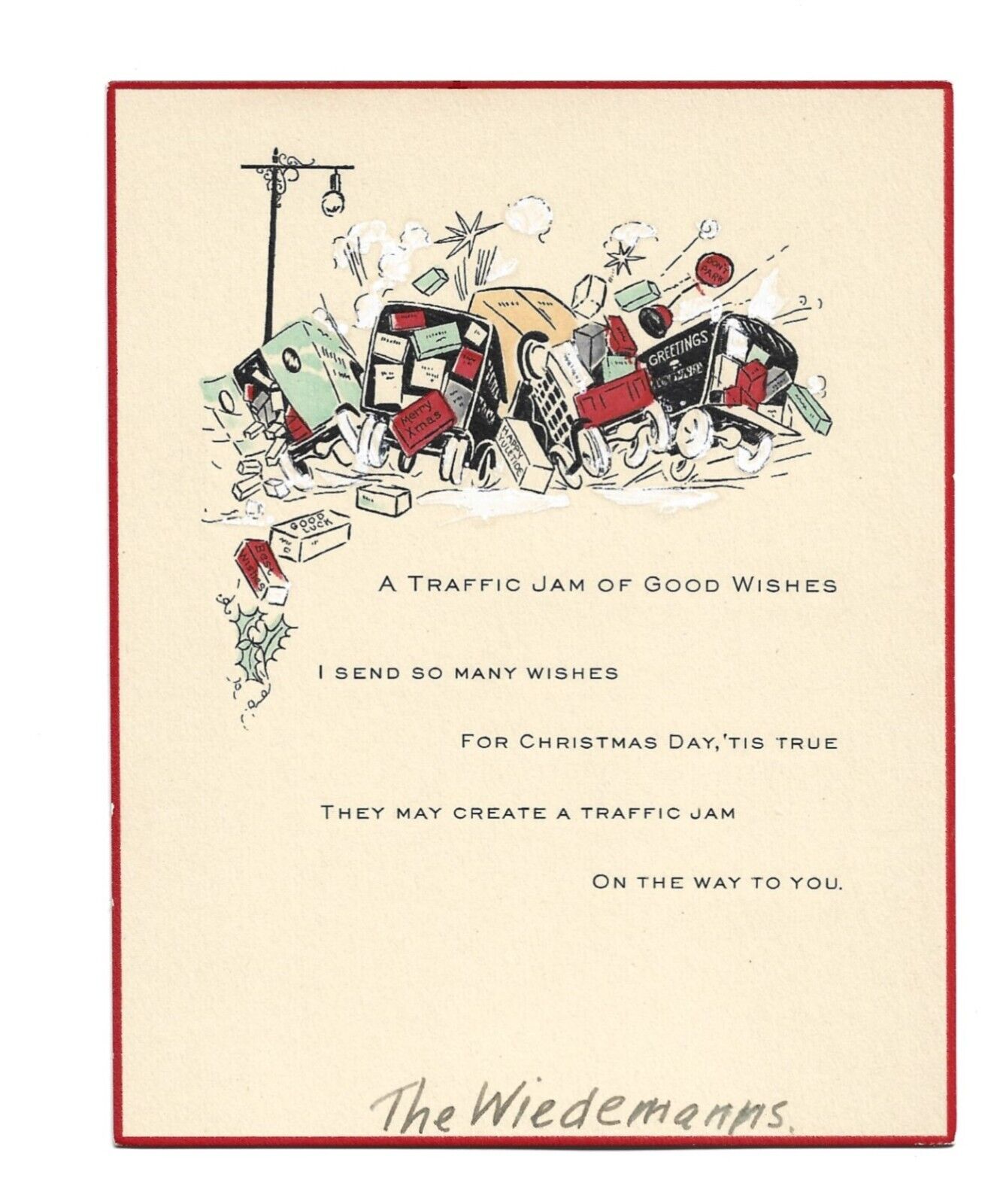 Vtg Christmas Card 1920\'s HORRIFIC TRAFFIC JAM