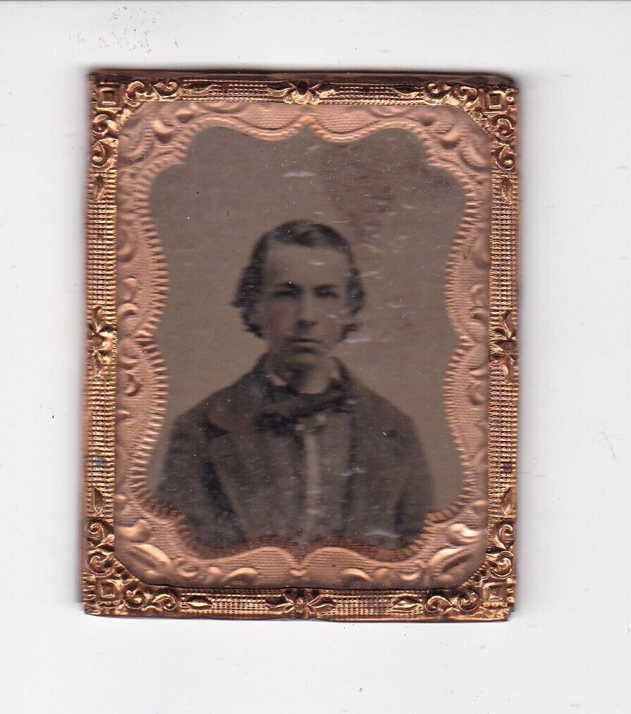 antique tintype young man boy in bow tie / 