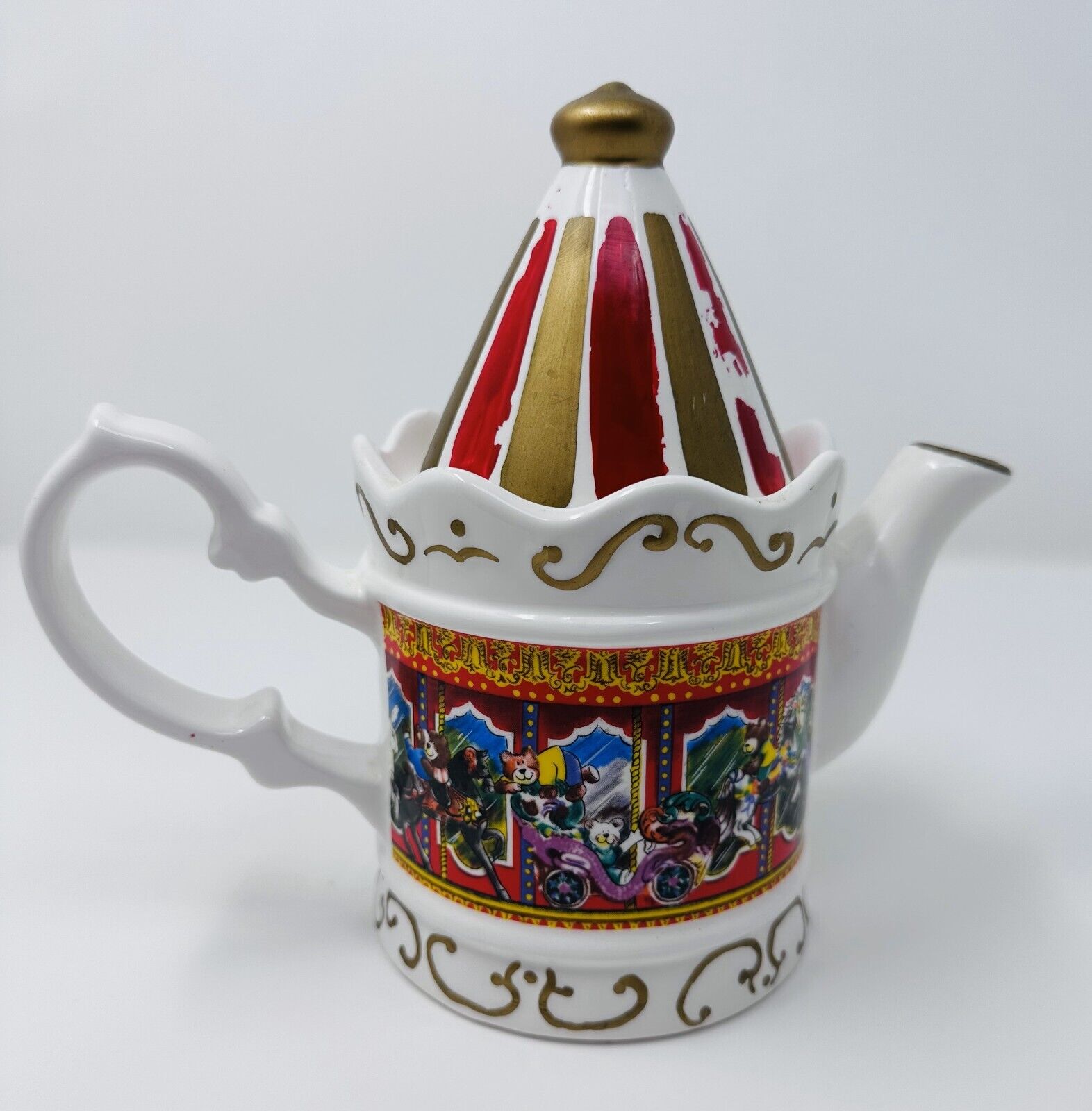 Vintage Ceramic Teapot Carousel Merry Go Round Circus Animals SCC Stamp Preowned