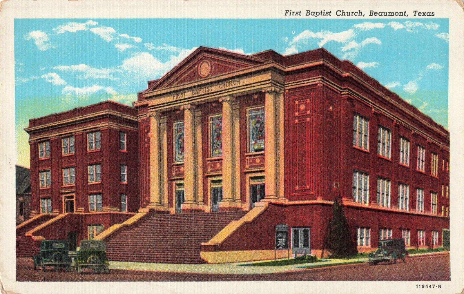 Beaumont TX Texas, First Baptist Church Old Cars, Vintage Postcard