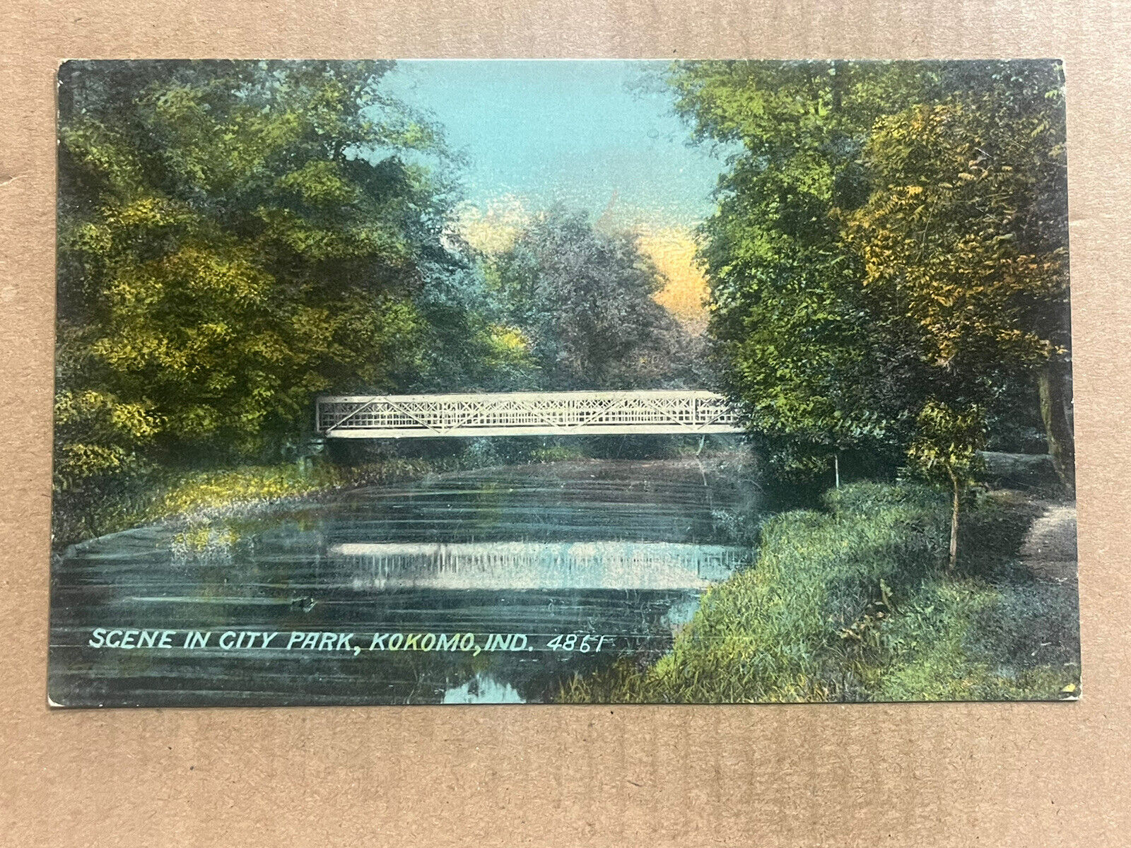 Postcard Kokomo IN Indiana Scenic City Park Scene Bridge Vintage PC