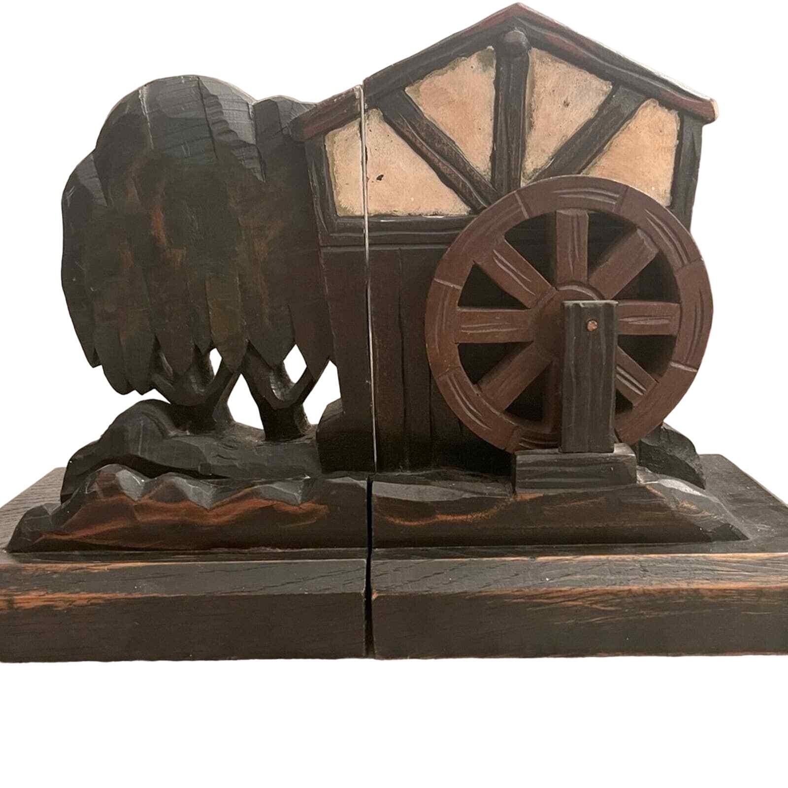 Vintage Collectible Unique Antique Old Mill Music Box Bookends Handcarved Brown