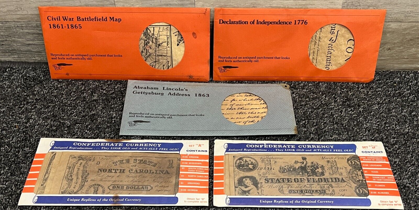 Collectors Historical Document Replicas Declaration  & Confederate Bills Etc.