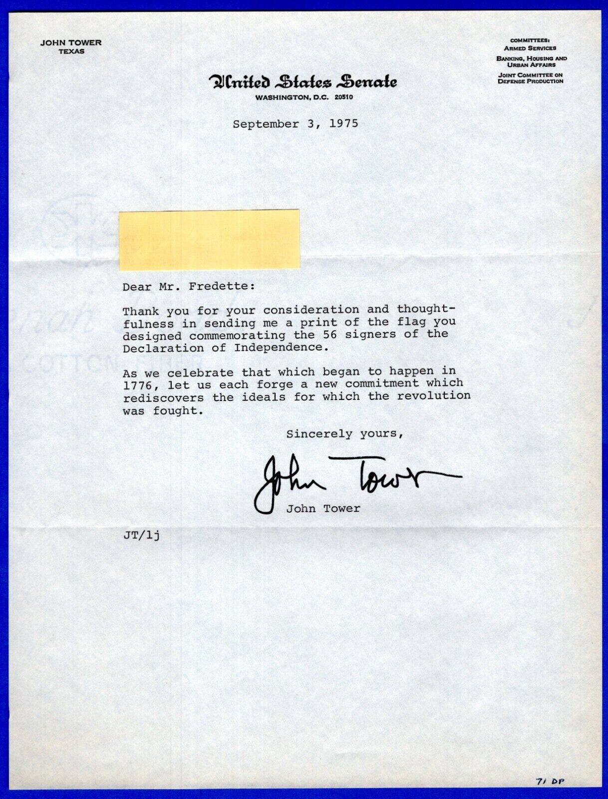 John Tower US Congressman Texas Hand Signed Autograph Typed Letter 1975 