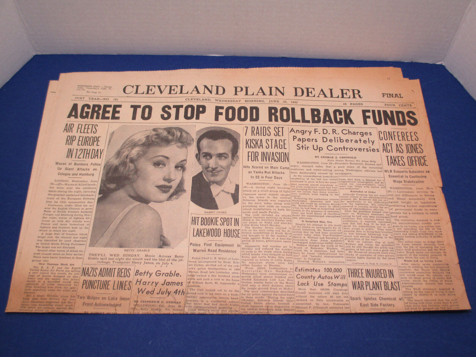 Cleveland Plain Dealer Newspaper Headline WWII June 30,1943 Stop Food Funds NP2