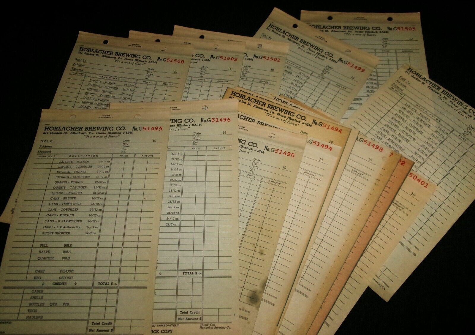 Lot of Horlacher Brewery, Horlacher Beer, Allentown PA Vintage Invoices