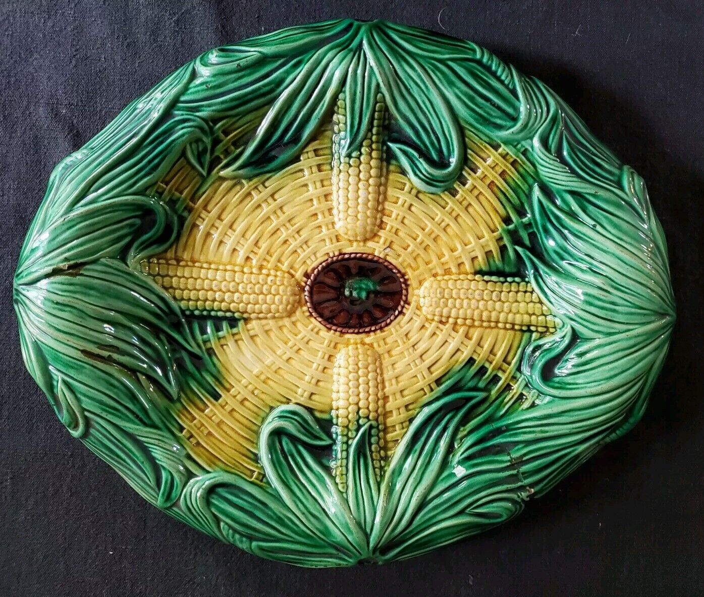 Antique Majolica Corn Cob Weave Bread Platter 13\