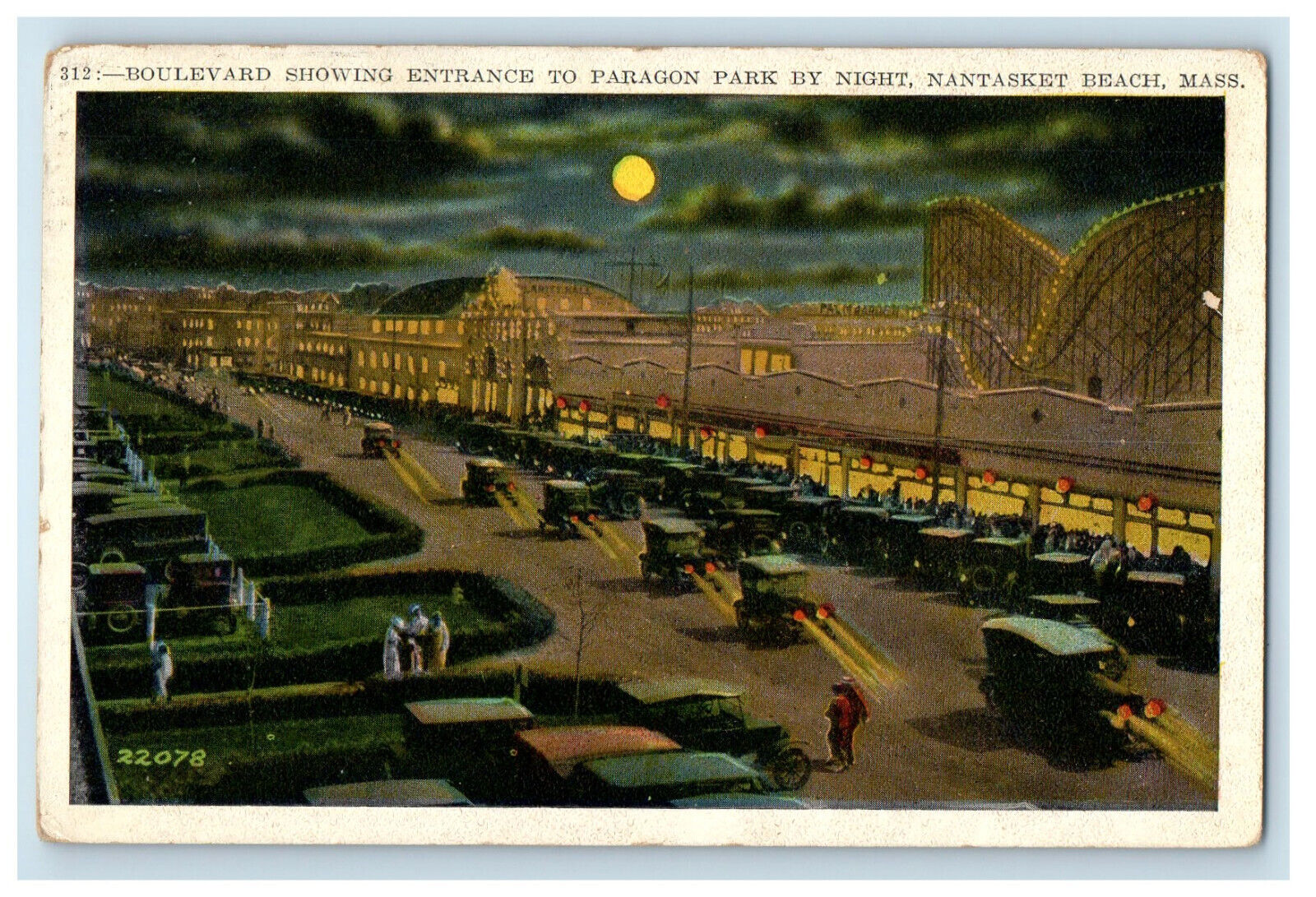 1927 Boulevard, Entrance to Paragon Park By Night Nantasket Beach, MA Postcard