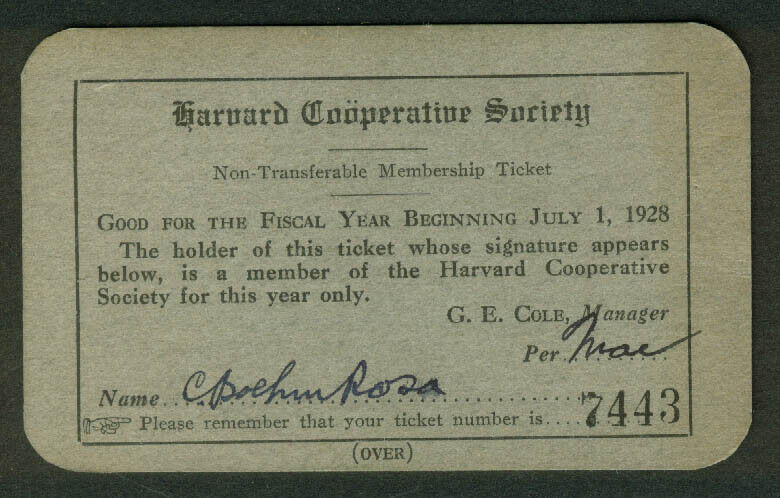 Harvard Cooperative Society Coop Membership tcket 1928