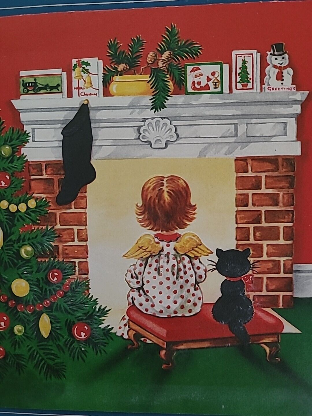 1955 Vtg CHRISTMAS CARD Little GIRL Black CAT Tree w ORNAMENTS Fireplace Mantel